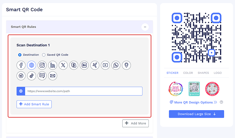 To create a new QR code, select a scan destination from the available options, including Facebook, WhatsApp, YouTube, LinkedIn, and Google Maps. Enter the URL. 