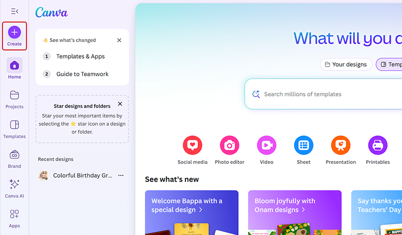 Haga clic en “Crear” en la parte superior de la barra de navegación de la izquierda.