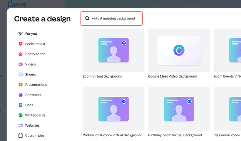 Escribe "fondo de reunión virtual" en la barra de búsqueda y verás varias opciones, como "Fondo virtual para Zoom" y "Fondo de video para Google Meet". Selecciona la que necesites.