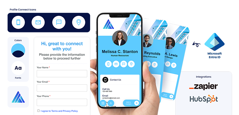 Digital business card example with contact form, branding options, and integrations like Microsoft Entra ID, Zapier, and HubSpot.