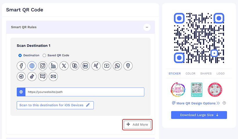 按一下「新增更多」以新增多個掃描目的地。