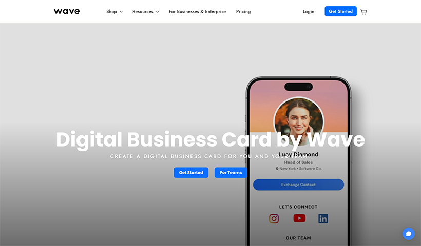 Digital business card by Wave with contact sharing options for teams.