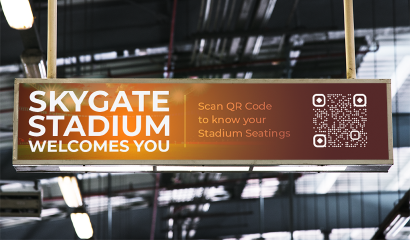 Stadium sign with a QR code for visitors to check seating information.