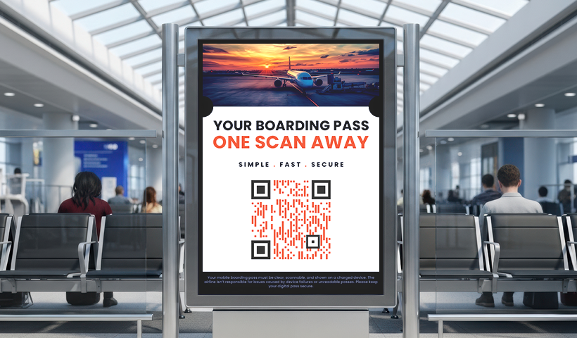 Airport poster with a boarding pass QR code for quick and secure check-in.