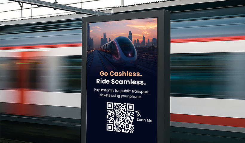Digital screen on a train platform promoting Go Cashless. Ride Seamless. for public transport tickets, with a QR code for instant payment.