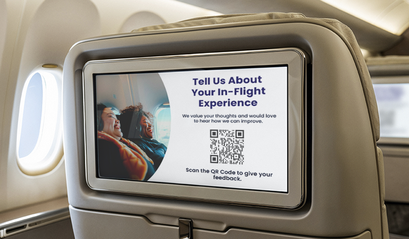 Airplane seat display showing a QR code for passengers to share in-flight feedback.