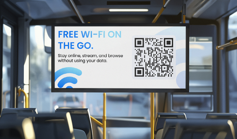 Display screen inside a bus offering FREE WI-FI ON THE GO via a QR code.