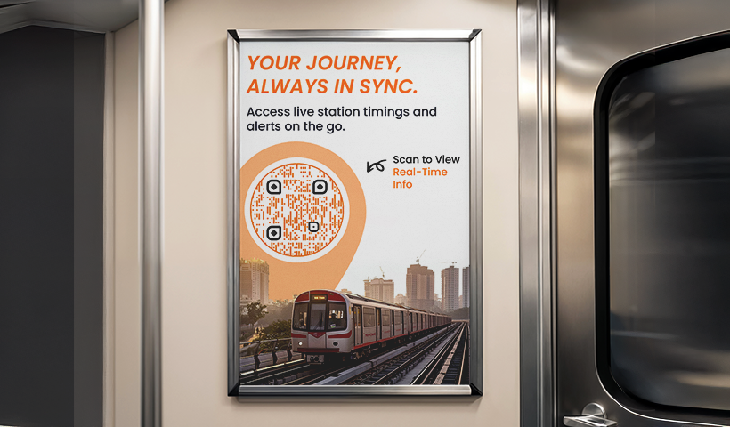 Poster inside a train carriage showing real-time station timings and alerts, accessible by scanning a QR code. This is an example of QR Codes for Public Transport providing real-time information.