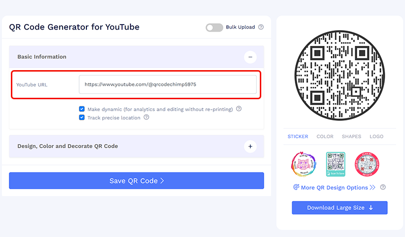 Field for entering a YouTube URL to create a QR code.