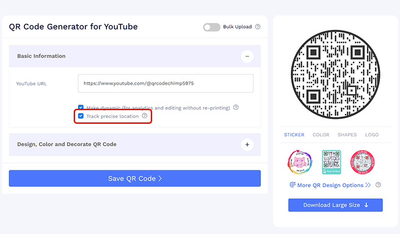 QR code settings screen highlighting the precise location tracking option.
