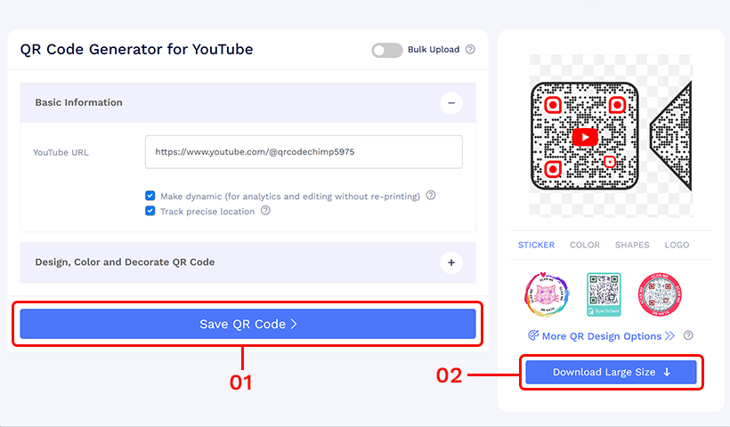 QR code generator page with save and download buttons.