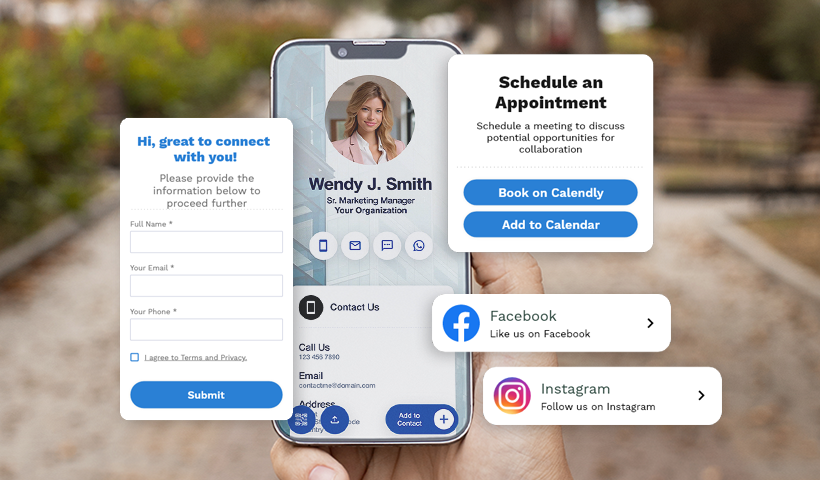 Smartphone displaying digital contact card, appointment booking, and social media links.

