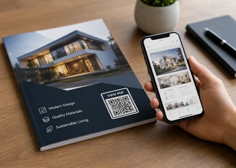 Product brochure with a PDF QR code opening as a digital document on a smartphone