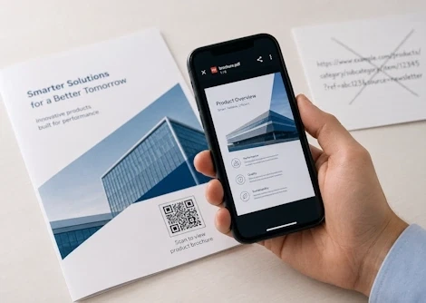 User scanning a brochure QR code to open a PDF instead of typing a long URL
