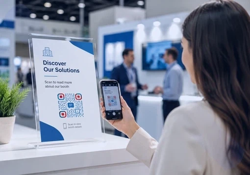 Visitor scanning text QR code at exhibition booth