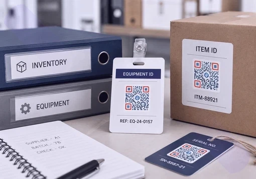 Text QR code on inventory and equipment labels