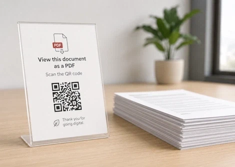 PDF QR code sign beside printed documents to support digital access and reduce printing