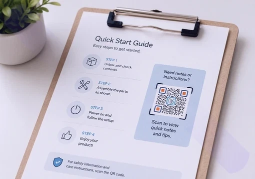 Text QR code on quick start instruction guide