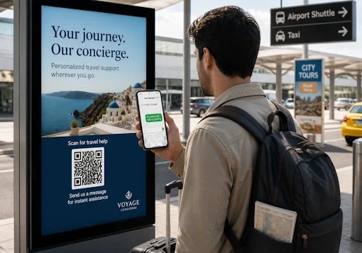 SMS QR code on outdoor travel ad for booking or pickup help