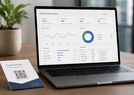 PDF QR code analytics dashboard showing scan performance on a laptop