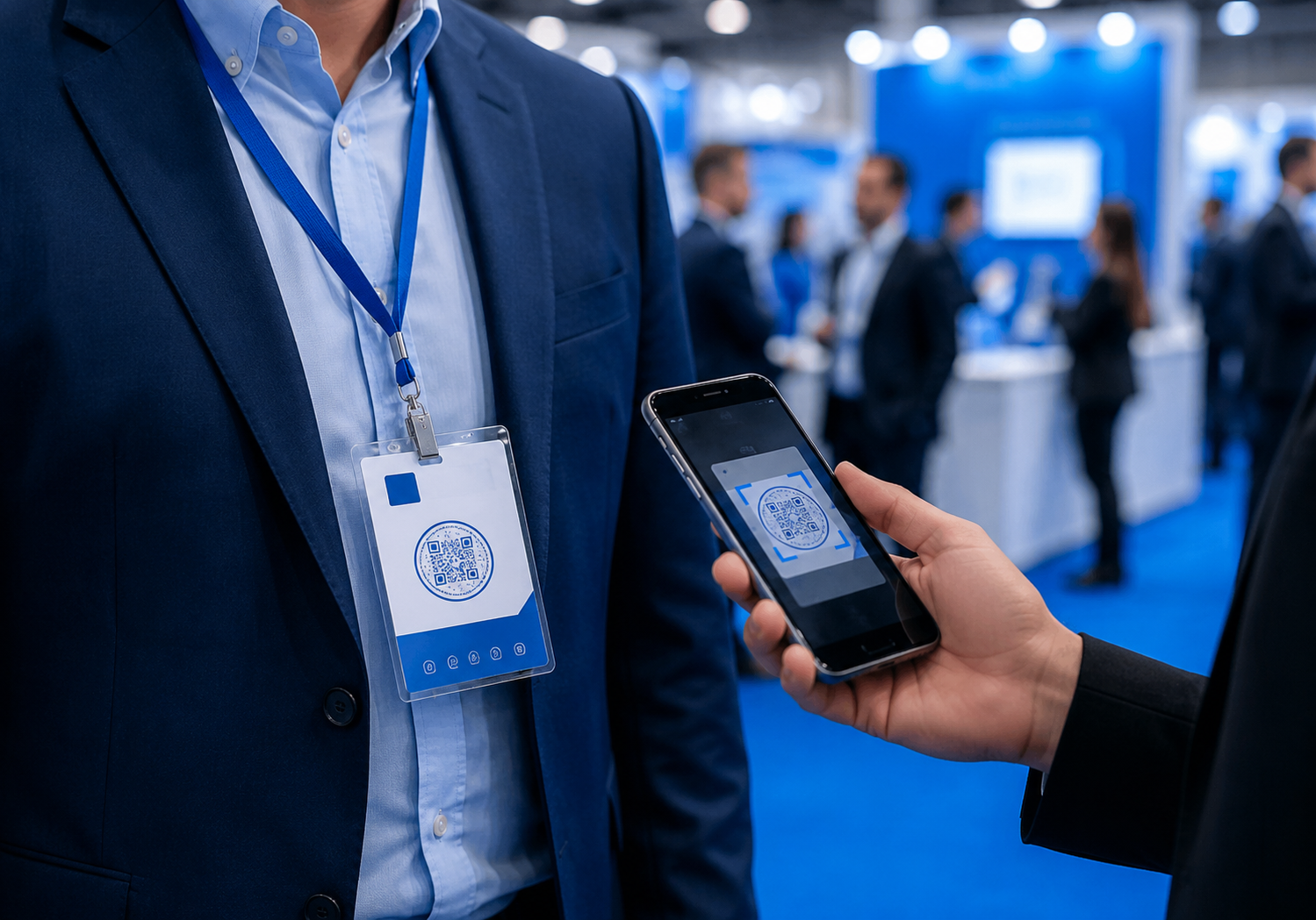 Contact card QR code on event badge at trade show