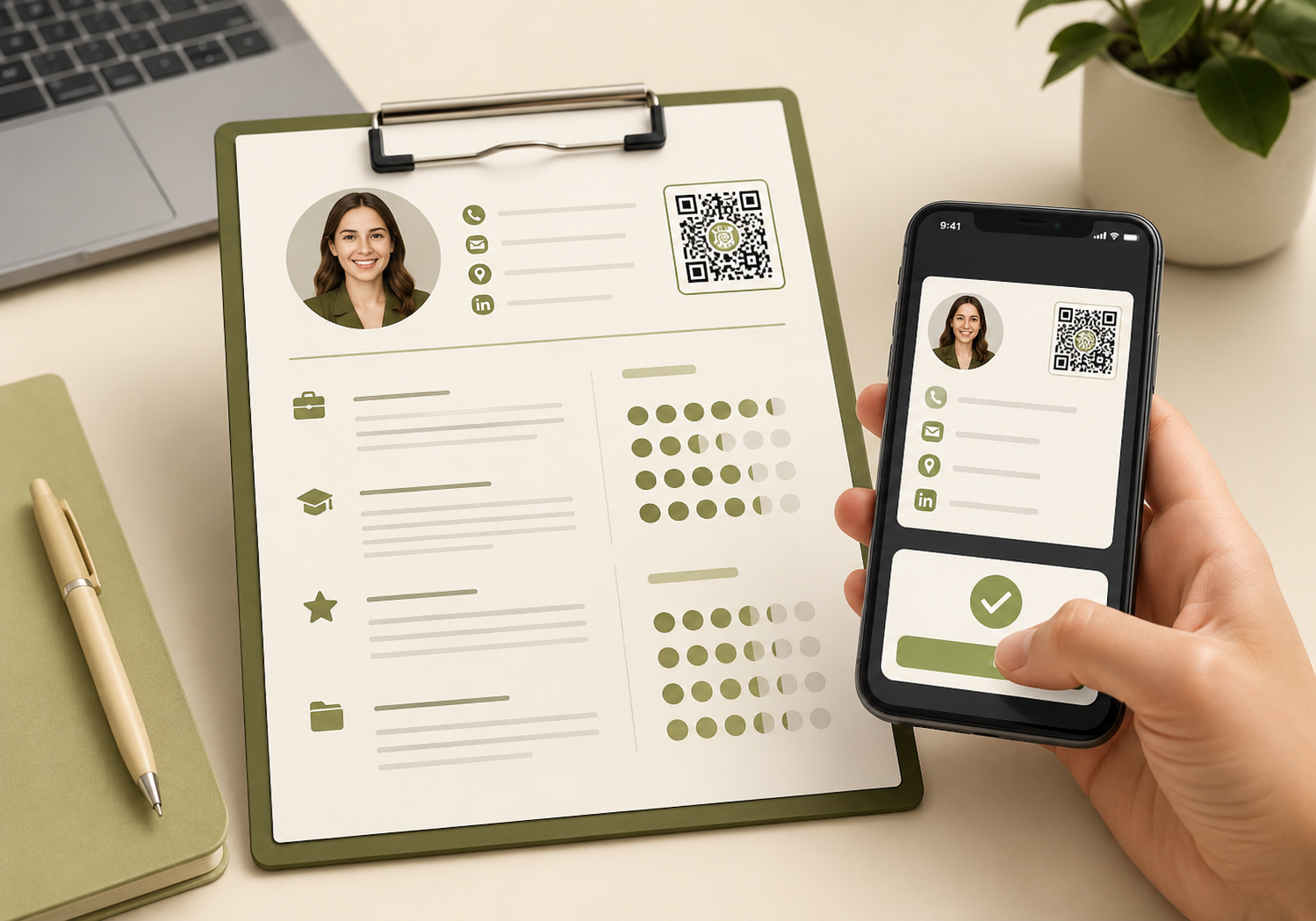 vCard QR code on resume for saving contact details