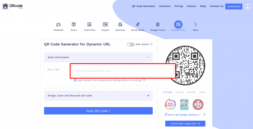 Enter destination URL for dynamic QR code