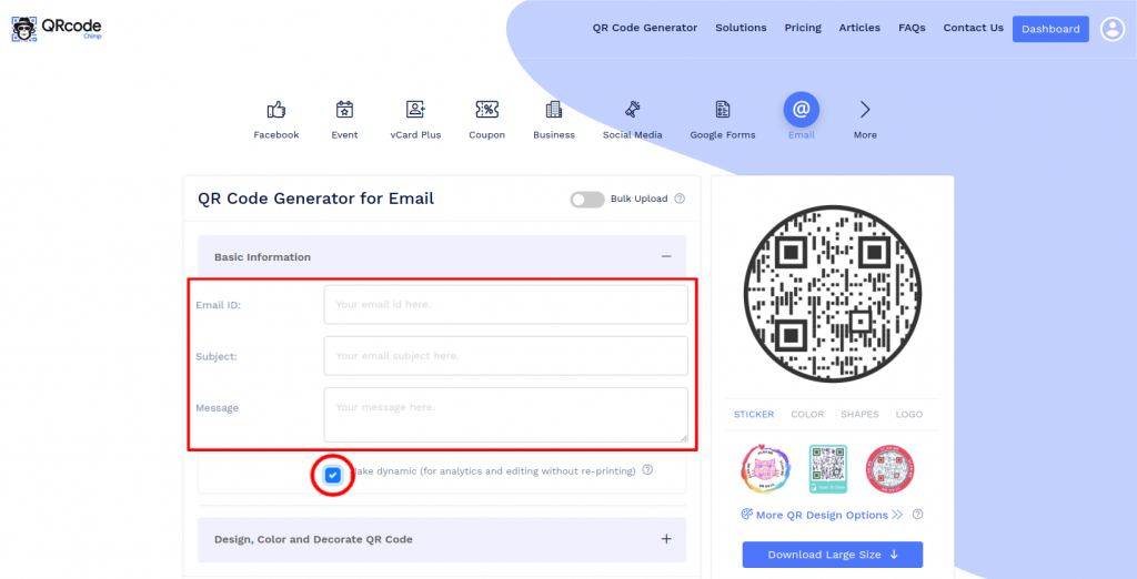 Step1 for creating QR code for email