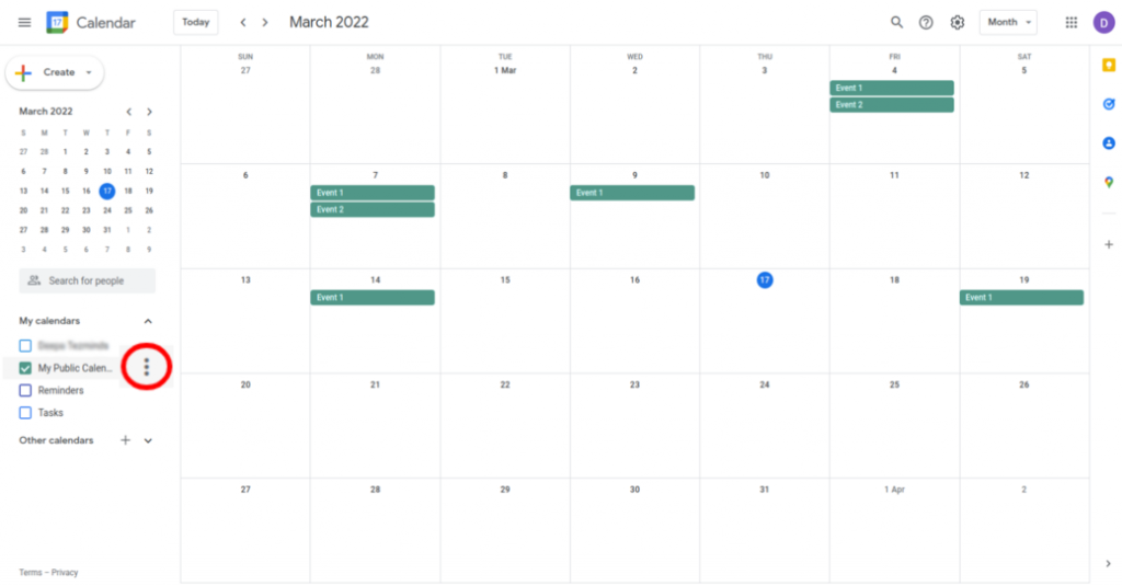 Access calendar options in Google Calendar