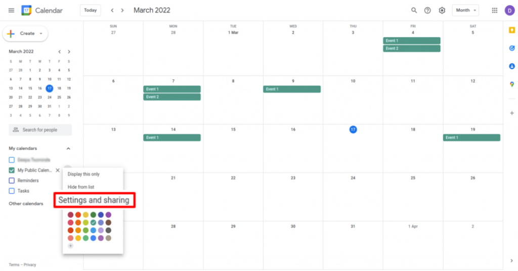 Open settings and sharing options
