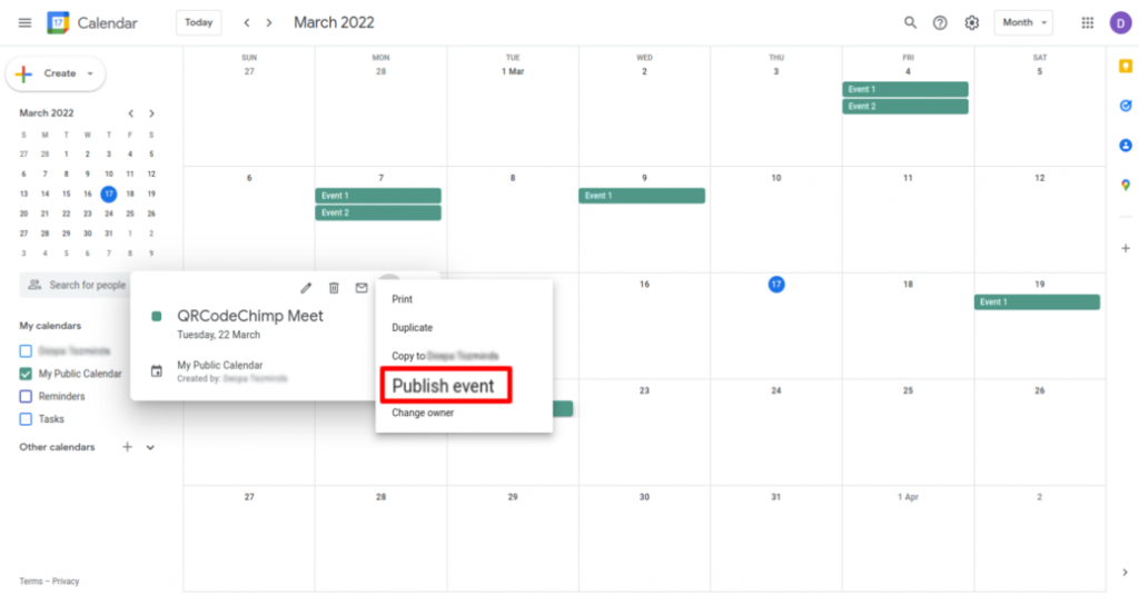 Publish Google Calendar event