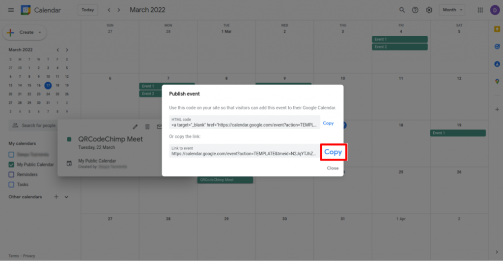 Copy Google Calendar event link