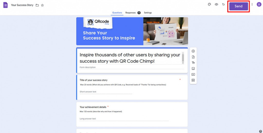 Create a Google Form and click send