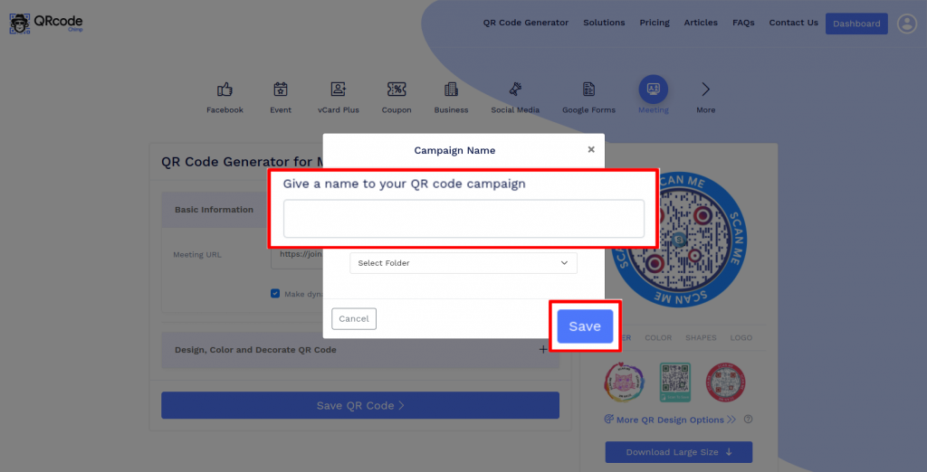 Save and download meeting QR code