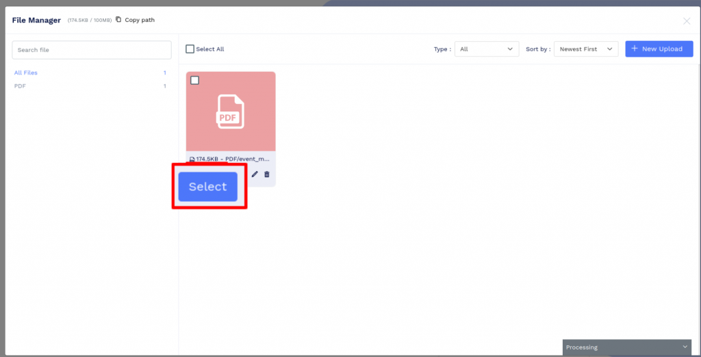 Selecting an uploaded PDF file to generate a QR code