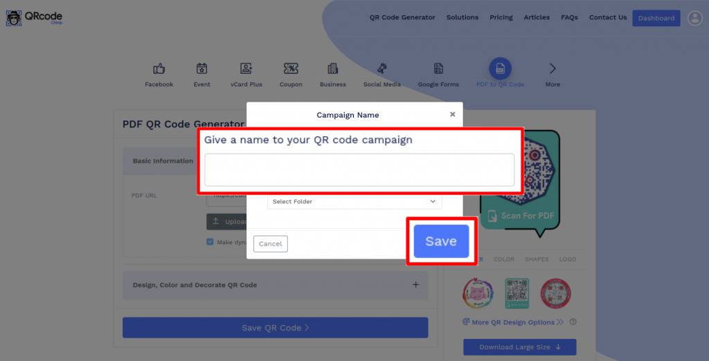 Saving and downloading the generated PDF QR code