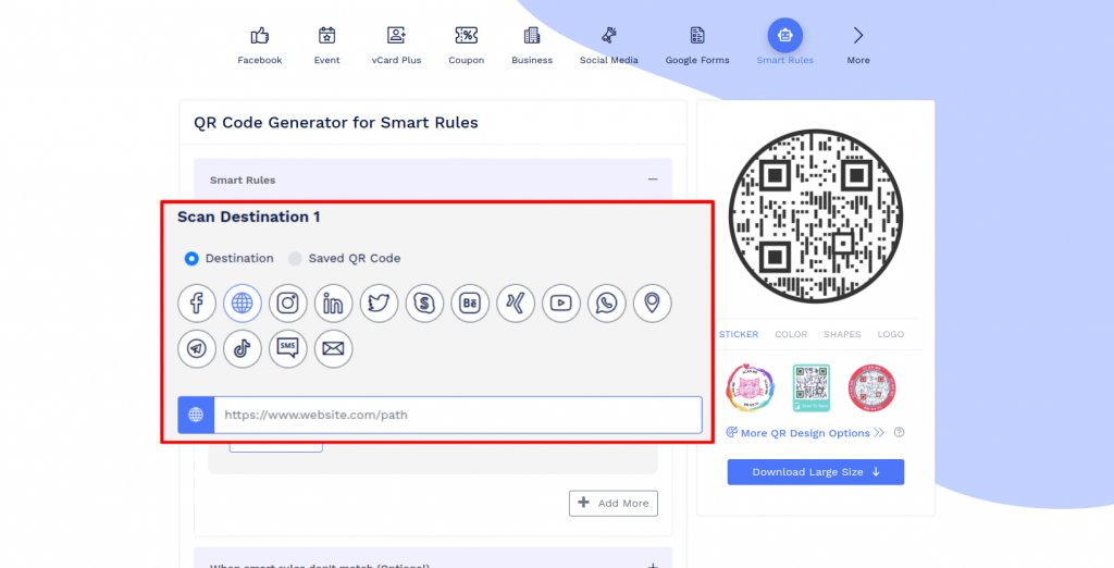 Select scan destination for Smart QR code