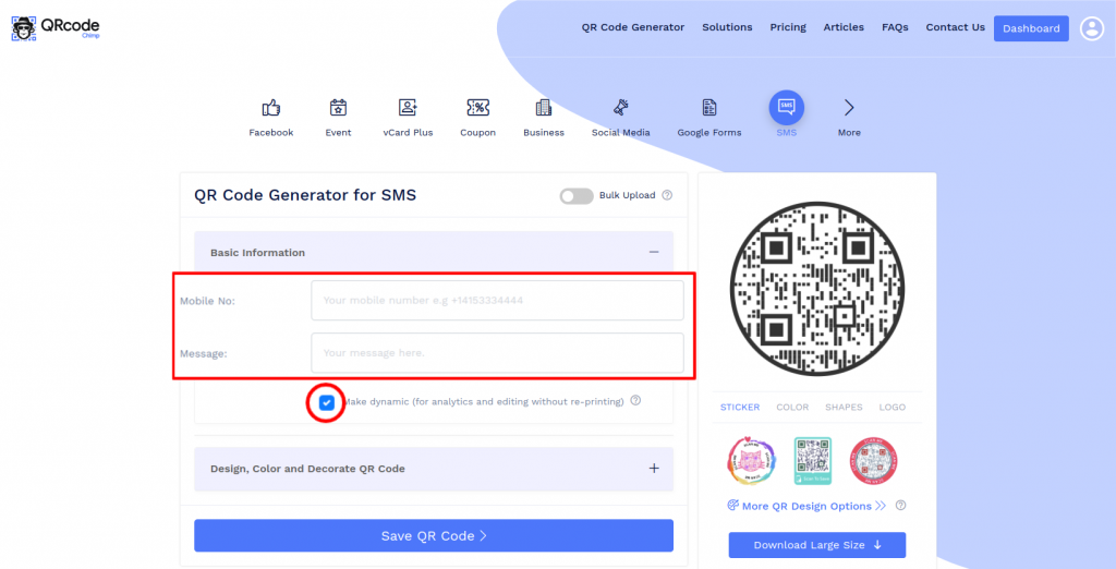Enter phone number and message for SMS QR code