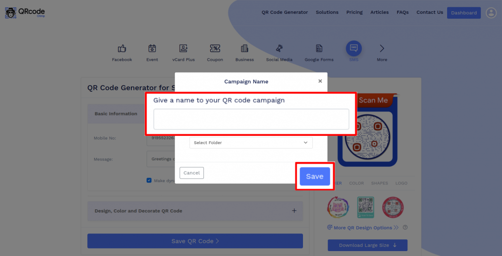 Save and download SMS QR code