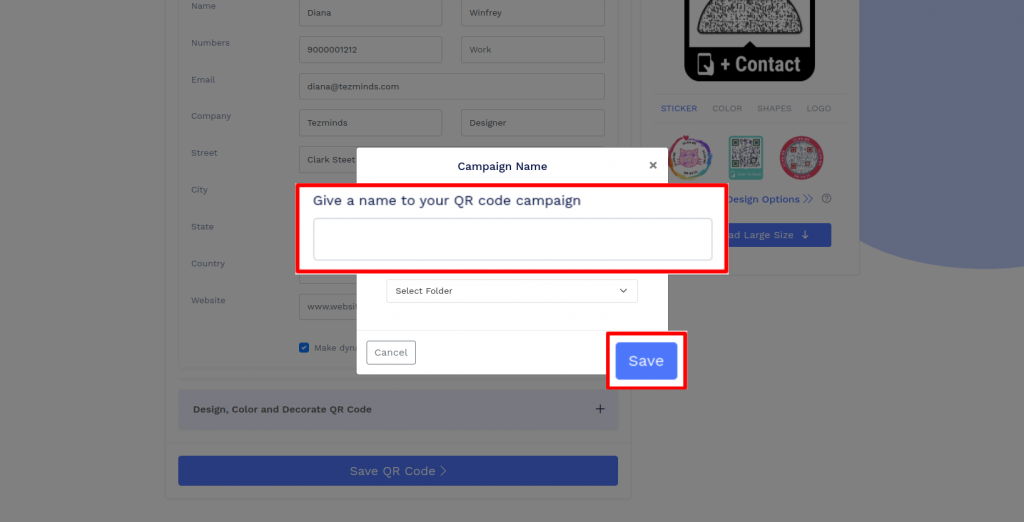 Save and download the vCard QR code