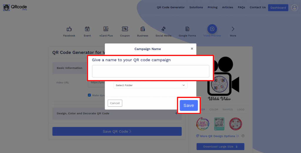 Save and download Video Preview QR code