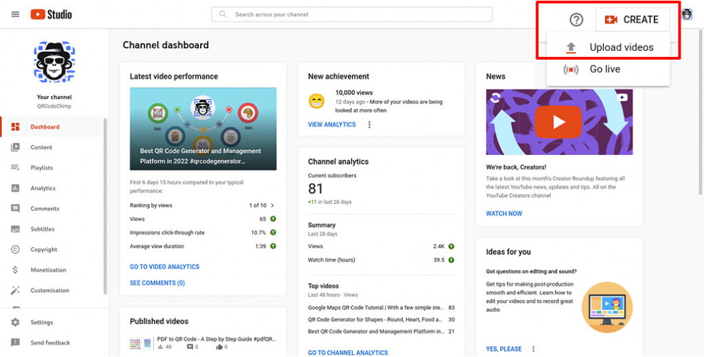 Uploading a video in YouTube Studio
