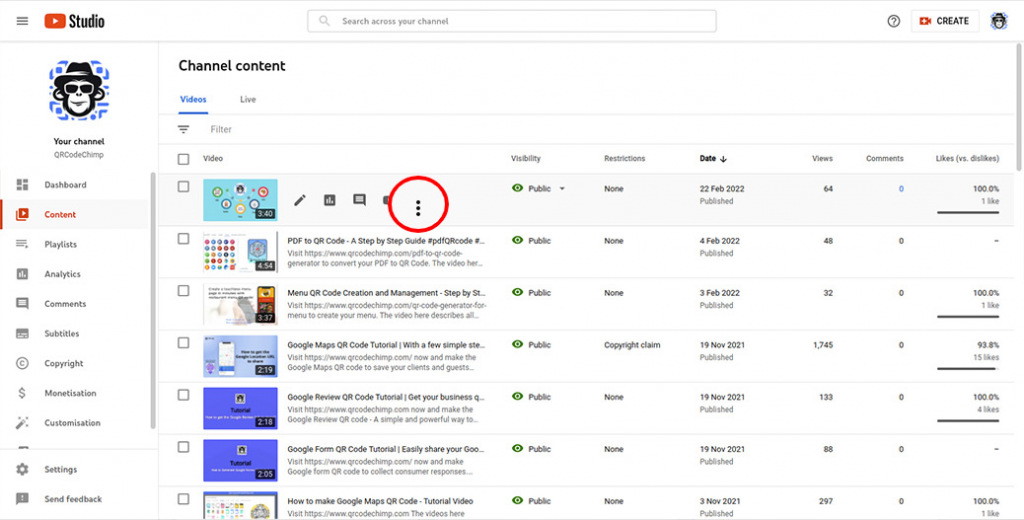 Accessing video options in YouTube Studio