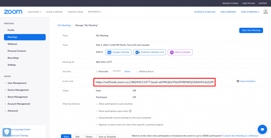 Copy Zoom meeting invite link